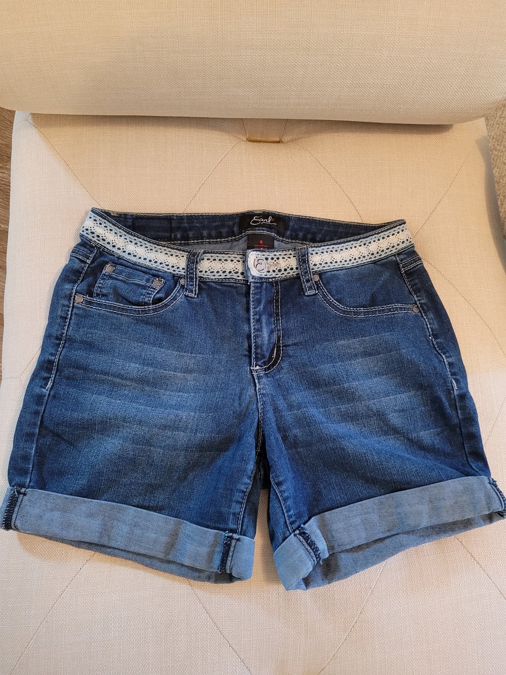 Earl Jean Rolled Cuff Denim Shorts with White Inlayed Belt